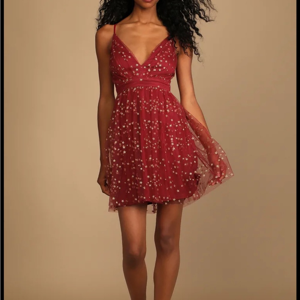 Lulus red mini dress with gold stars
